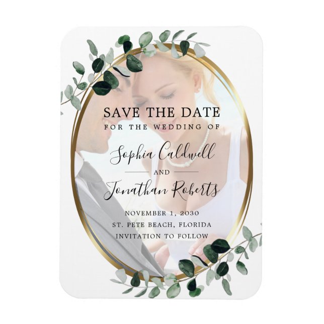Magnet Flexible Eucalyptus Gold Photo Wedding Enregistrer la date (Vertical)