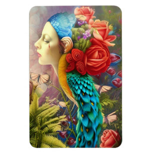 Magnet Flexible Face féminine avec plumes florales et paon