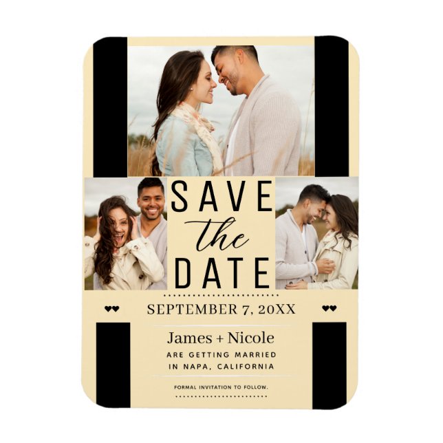 Magnet Flexible Faire Part de Mariage 3 Photos Crème Moderne Chaud (Vertical)