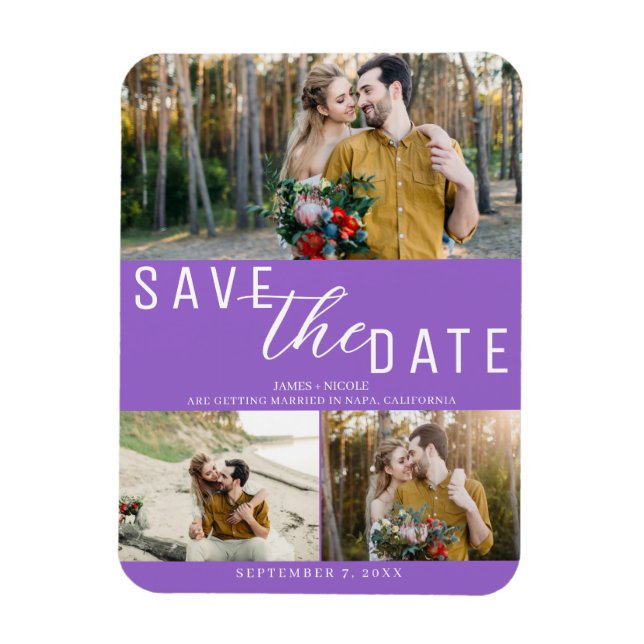 Magnet Flexible Faire-part de mariage 3 Photos Violet (Vertical)