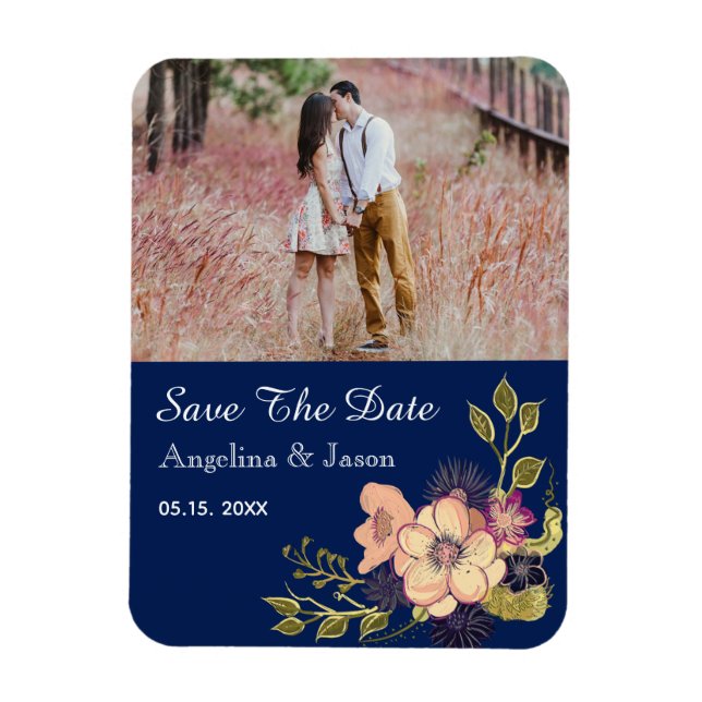 Magnet Flexible Faire-part de mariage avec photo bleu marine (Vertical)