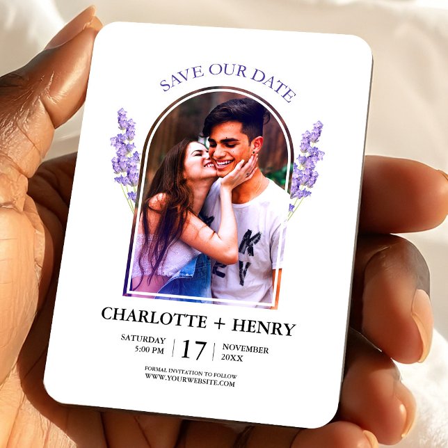 Magnet Flexible Faire-part de mariage floral à l'aquarelle avec ph (Lavender Photo Save the Date Floral Wedding Magnet, Wedding Favors)
