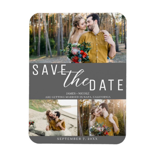 Magnet Flexible Faire-part de mariage gris foncé 3 Photos (Vertical)