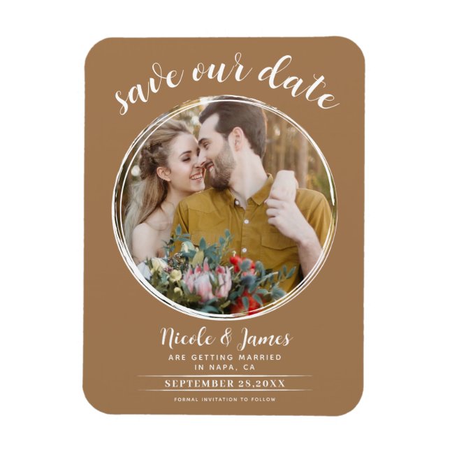 Magnet Flexible Faire-part de mariage moderne marron rond (Vertical)
