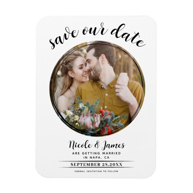 Magnet Flexible Faire-part de mariage moderne rond blanc et noir (Vertical)