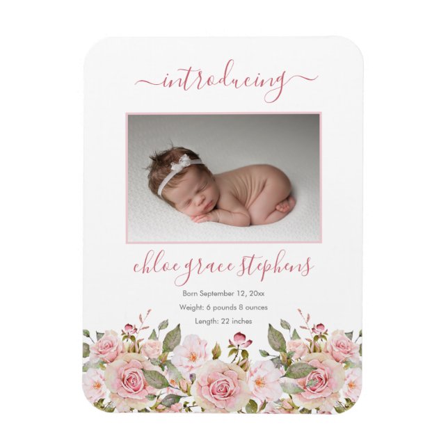 Magnet Flexible Faire-part de naissance - Boho Floral Girl Photo (Vertical)
