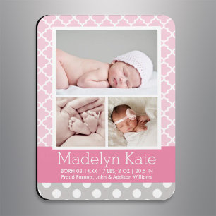 Magnet Flexible Faire-part de naissance fille rose gris motif mode