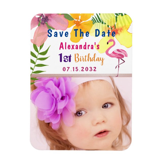 Magnet Flexible Faire part de naissance florale tropicale avec pho (Vertical)
