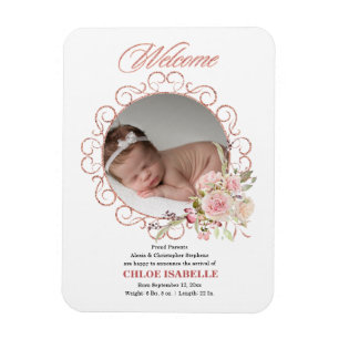 Magnet Flexible Faire-part de naissance photo rose Gold Floral Wre