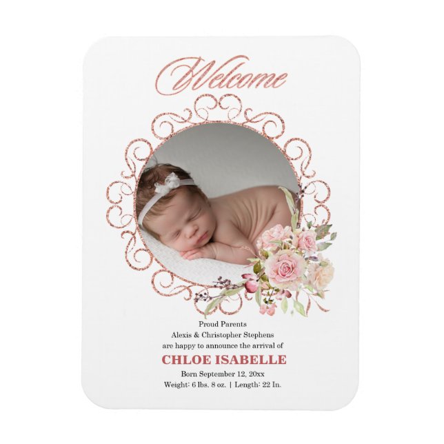 Magnet Flexible Faire-part de naissance photo rose Gold Floral Wre (Vertical)