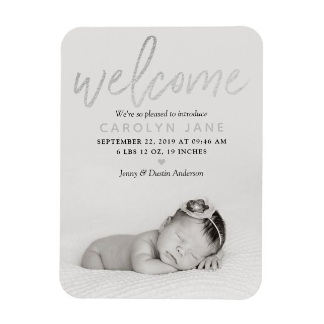 Magnet Flexible faire-part de naissance photo Silver Foil "Bienven (Vertical)