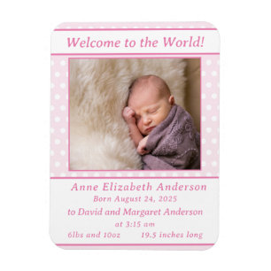 Magnet Flexible Faire-part de naissance Polka-Dot rose et blanc