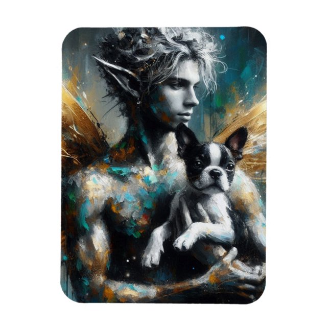 Magnet Flexible Fairy Homme Avec Boston Terrier Puppy (Vertical)