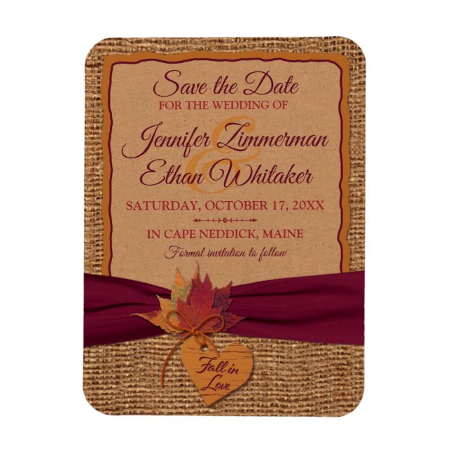 Magnet Flexible Fall in Love Burlap, Feuilles Save the Date (small (Vertical)