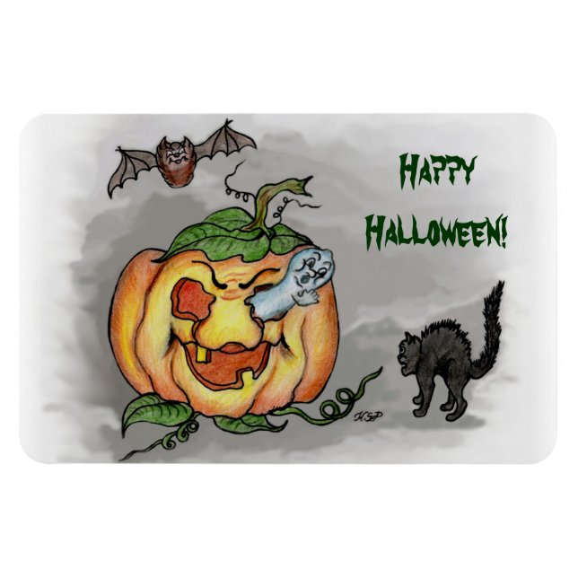 Magnet Flexible fantôme, chauve-souris et chat, Joyeux Halloween ! (Horizontal)