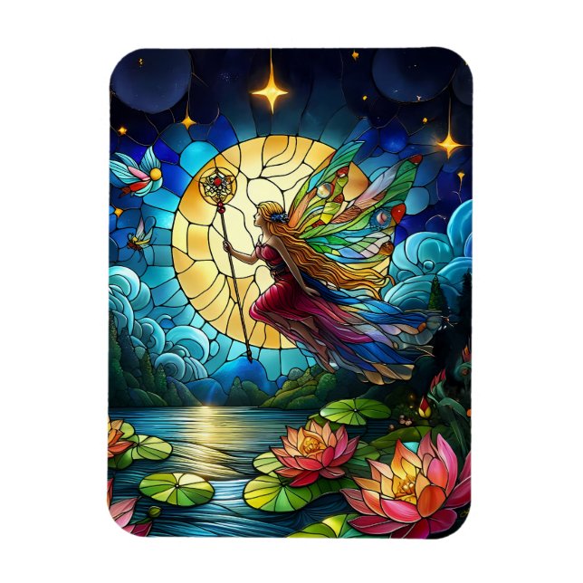 Magnet Flexible Fée de vol au clair de lune en vitrail  (Vertical)