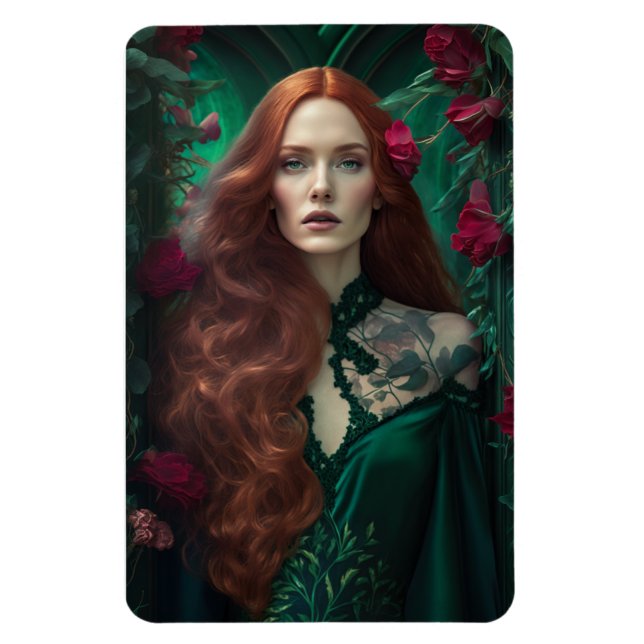 Magnet Flexible Femme Aux Cheveux Rouges En Robe Vert Émeraude. (Vertical)
