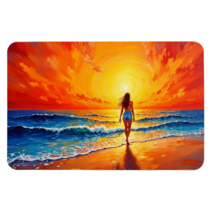 Magnet Flexible Femme marchant sur la plage de l'océan au coucher