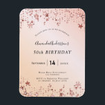 Magnet Flexible Fête d'anniversaire rose or rousse rose étoiles mo<br><div class="desc">Devant : Une invitation pour une fête d'anniversaire de 50 ans, 50ème (ou tout autre âge). Un arrière - plan doré rose, rose vif et dégradé de couleur . Décoré d'or rose et d'étoiles roses qui s'égouttent. Personnalisez et ajoutez un nom et des détails du parti. Le nom est écrit...</div>
