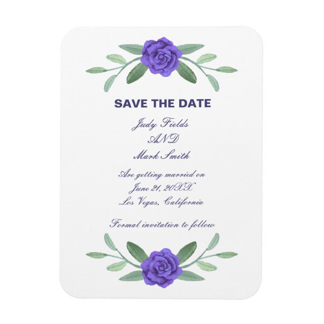 Magnet Flexible Feuillage Floral Bleu Violet Économisez La Date (Vertical)