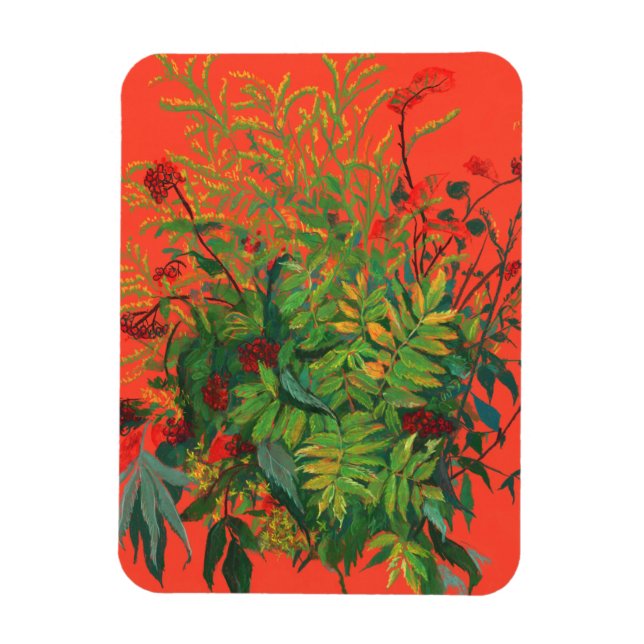 Magnet Flexible Feuilles de Rowan et baies rouges sur Orange Flora (Vertical)