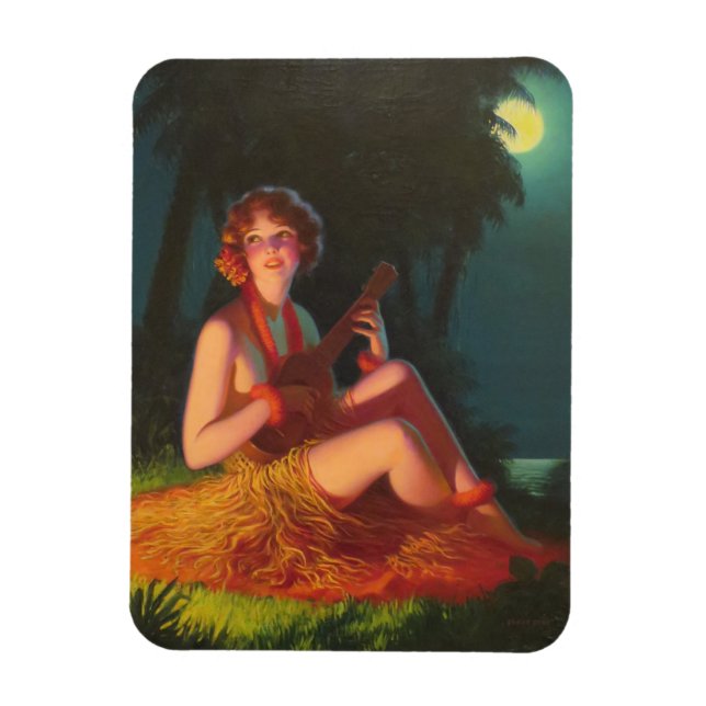 Magnet Flexible Fille en clair de lune avec Banjo Ukulele (Vertical)