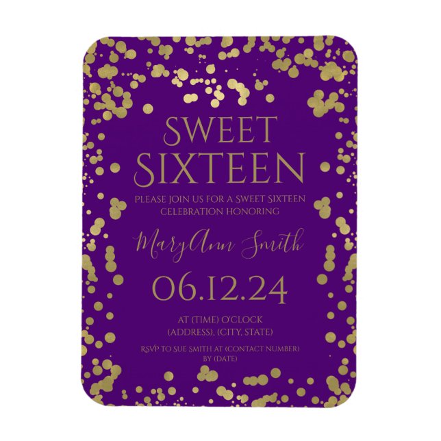 Magnet Flexible Fille Gold Foil Confetti Sweet 16 Invitation Viole (Vertical)