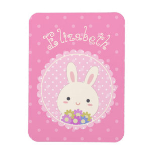 Magnet Flexible Fille rose mignonne Kawaii Bunny & Fleurs Nom Pers