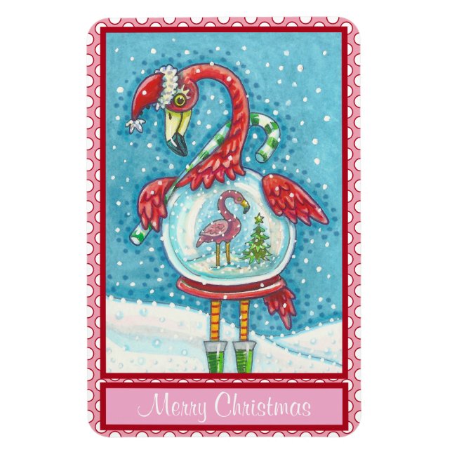 Magnet Flexible Flamant rose ROSE BLANC NOËL NEIGE GLOBE (Vertical)