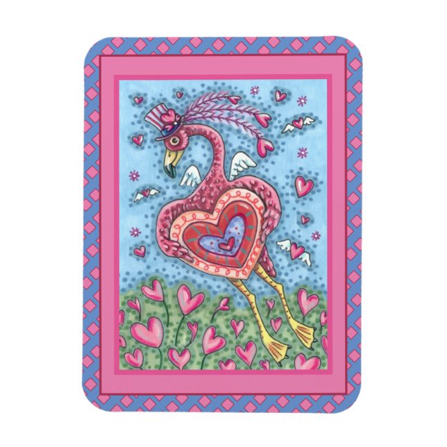 Magnet Flexible Flamant rose ROSE CUPIDE ET COEURS DE VOL VALENTIN (Vertical)