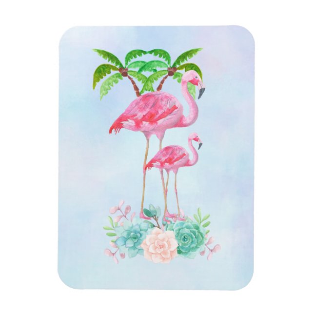 Magnet Flexible Flamant rose rose Momma & bébé avec palmiers (Vertical)