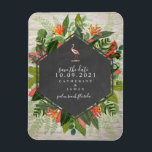 Magnet Flexible Flamant rose Tropical Botanical Mariage en briques<br><div class="desc">Un mariage sauvez l'aimant de date avec un design botanique tropical avec un design géométrique en damier sur un arrière - plan en brique blanche. Illustration Flamant rose au-dessus du texte.</div>