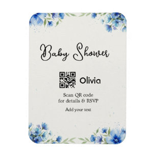Magnet Flexible Fleur aquarelle bleue bébé shower scan QR RSVP pa