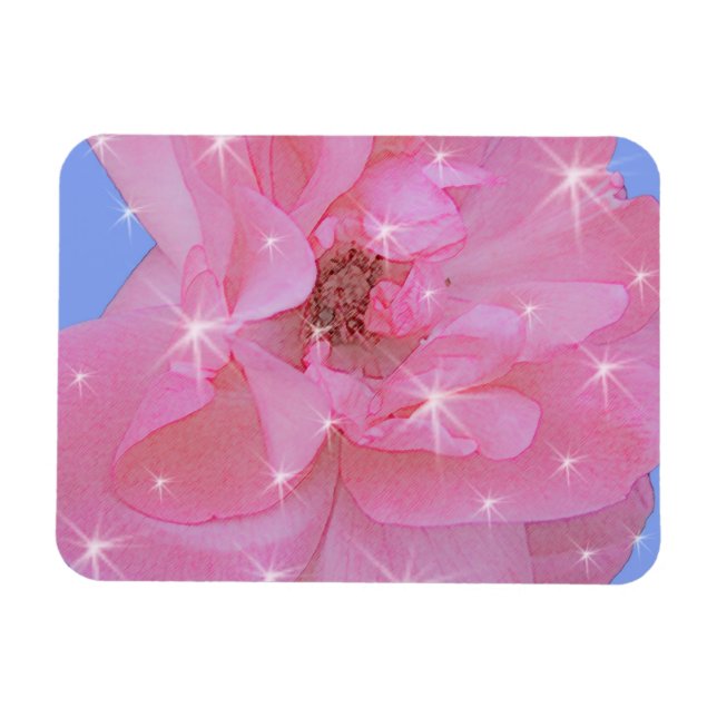 Magnet Flexible fleur de rose rose et étoiles scintillantes (Horizontal)
