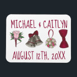 Magnet Flexible Fleurs Bell Mariage personnalisées Bowtie Bouquet<br><div class="desc">Le design de l'aimant présente l'illustration originale d'une rangée de motifs mariages classiques,  dont une cloche,  une cravate,  un bouquet de fleurs et une boutonnière. Personnalisez simplement vos informations. Ne vois-tu pas exactement ce que tu cherches ? Contactez Rebecca pour avoir un produit customisé pour vous !</div>