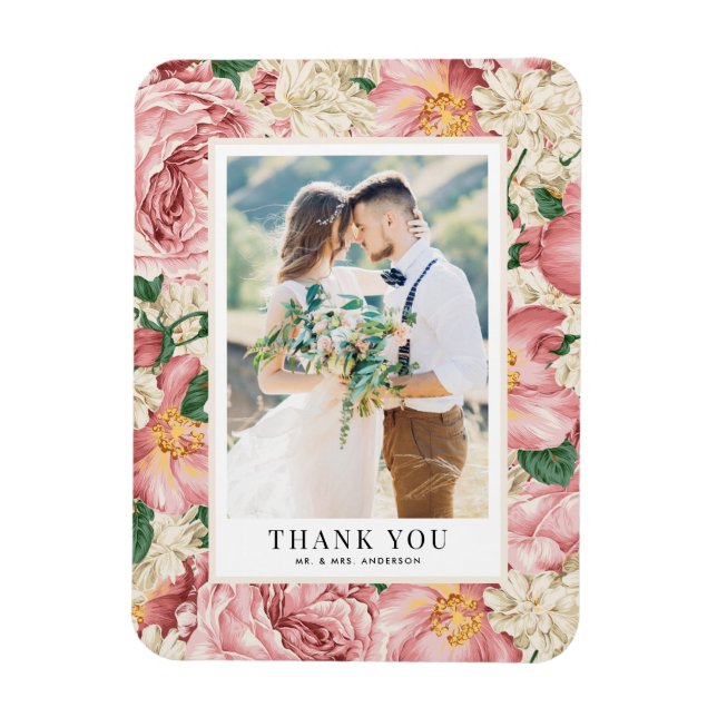 Magnet Flexible Fleurs blanches et ivoire Mariage photo Merci (Vertical)