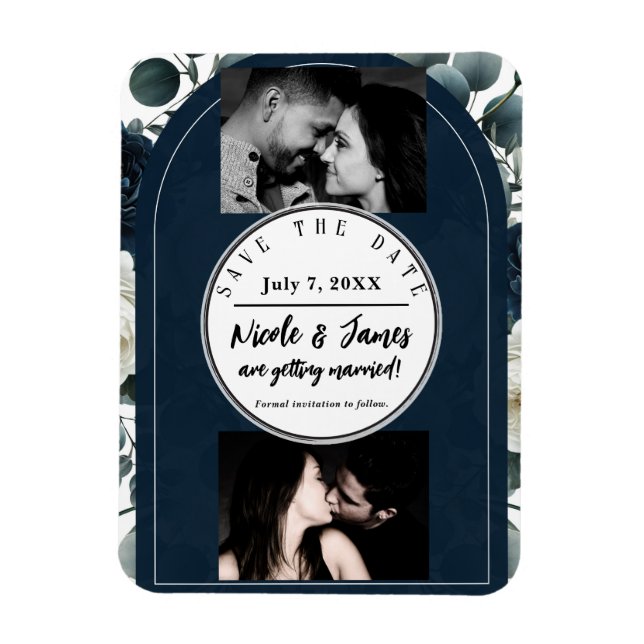 Magnet Flexible Fleurs de verdure modernes bleu foncé et blanc, da (Vertical)