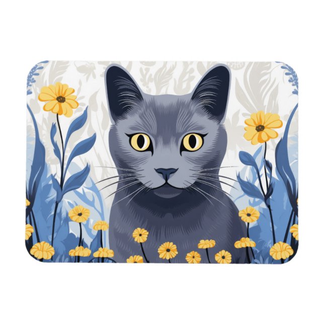 Magnet Flexible Fleurs Jaunes Chat Bleu Russe (Horizontal)