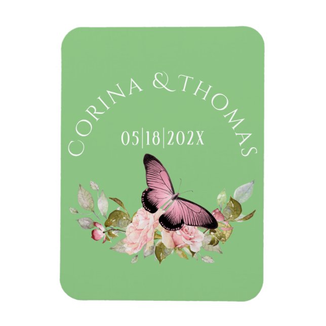 Magnet Flexible Fleurs roses et papillon sur Mariage vert (Vertical)