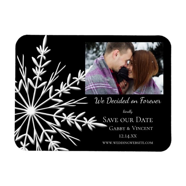 Magnet Flexible Flocon de neige sur un mariage d'hiver noir Sauvez (Horizontal)