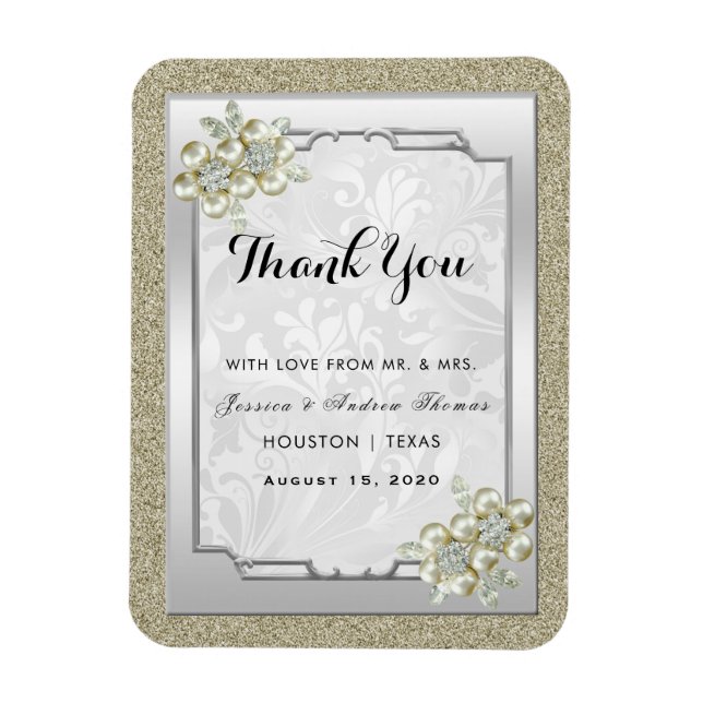 Magnet Flexible Floral Gem Cadre Argenté, Mariage Or et Argent (Vertical)