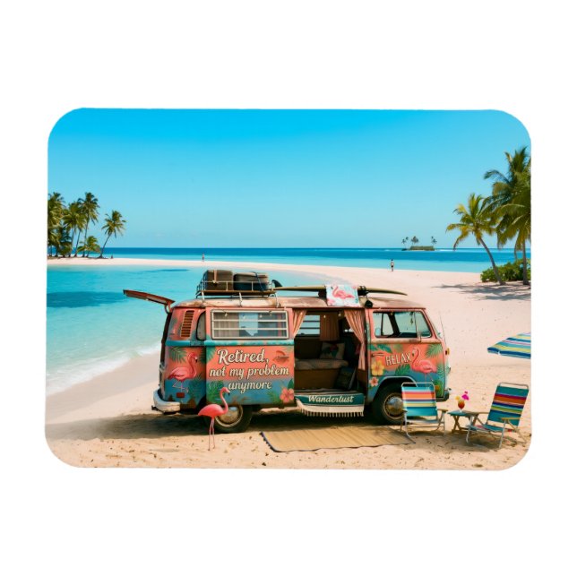 Magnet Flexible Fourgon Thème Retraite sur Plage Tropicale (Horizontal)