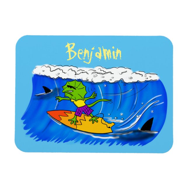 Magnet Flexible Funny frilled neck lizard surfing cartoon (Horizontal)
