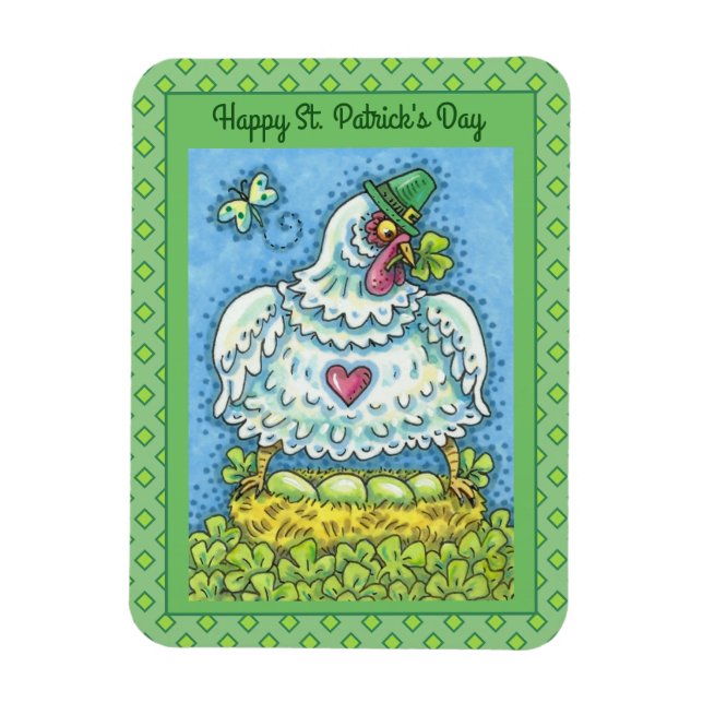 MAGNET FLEXIBLE FUNNY IRISH HEN, OEUFS VERTS ET SHAMROCK CUIT (Vertical)