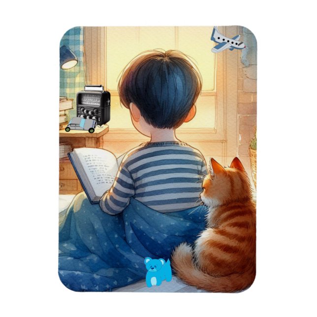 Magnet Flexible Garçon lisant des livres avec son chat  (Vertical)