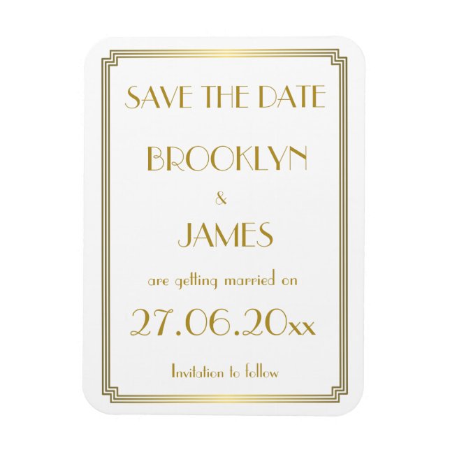 Magnet Flexible Gatsby Art Déco Mariage Blanc Enregistrer La Date  (Vertical)