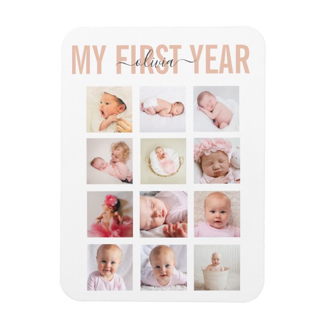 Magnet Flexible Girl My First Year Baby Name 12 Photo Collage   (Vertical)