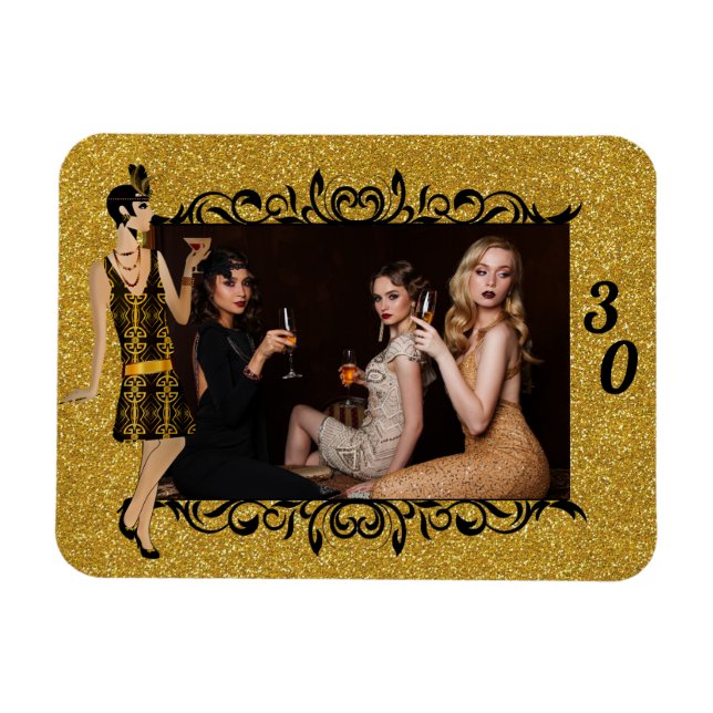 Magnet Flexible Glam 1920s Flapper Girl Gold 30th Custom Photo (Horizontal)