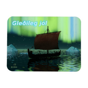 Magnet Flexible Gleðileg jól - Viking Ship And Northern Lights