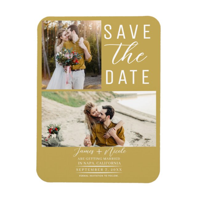 Magnet Flexible Gold 2 Photos Enregistrer le Mariage de date (Vertical)